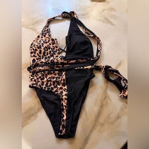 Leopard Print Criss-Cross Plunging Neck One Piece